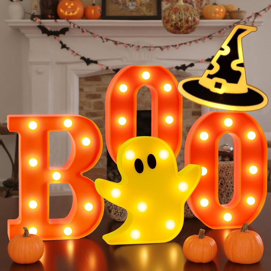 6Pcs LED Marquee Light Up Letters Boo Sign Halloween Decor Indoor Outdoor Set, Halloween Decorations for Home Fireplace Mantel Kitchen Party Tabletop Bathroom Bedroom Desk Window Porch Office Vintage