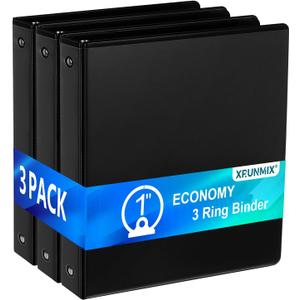 1'' Economy 3-Ring Binders, 1-inch Round Rings, Holds 200 Sheets US Letter Size, ClearVue Presentation View, Non-Stick, Black (3)