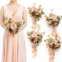 Ling's moment Artificial Flowers Apricot and Peach Bridesmaid Bouquet Set of 4, Peach Wedding Flowers Bouquets for Bridesmaids, 7 Inch Bridal Bouquets for Bridesmaids, Wedding, etc