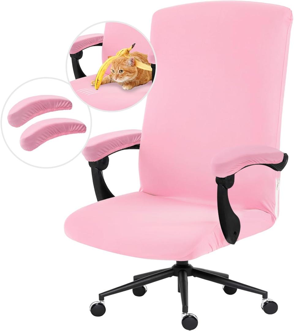 Stretch Computer Office Chair Cover with Armrest Covers Durable Zipper Universal Washable Removable Spandex Rotating Boss Chair Slipcovers Anti-dust Soft Desk Chair Seat Protector, Pink