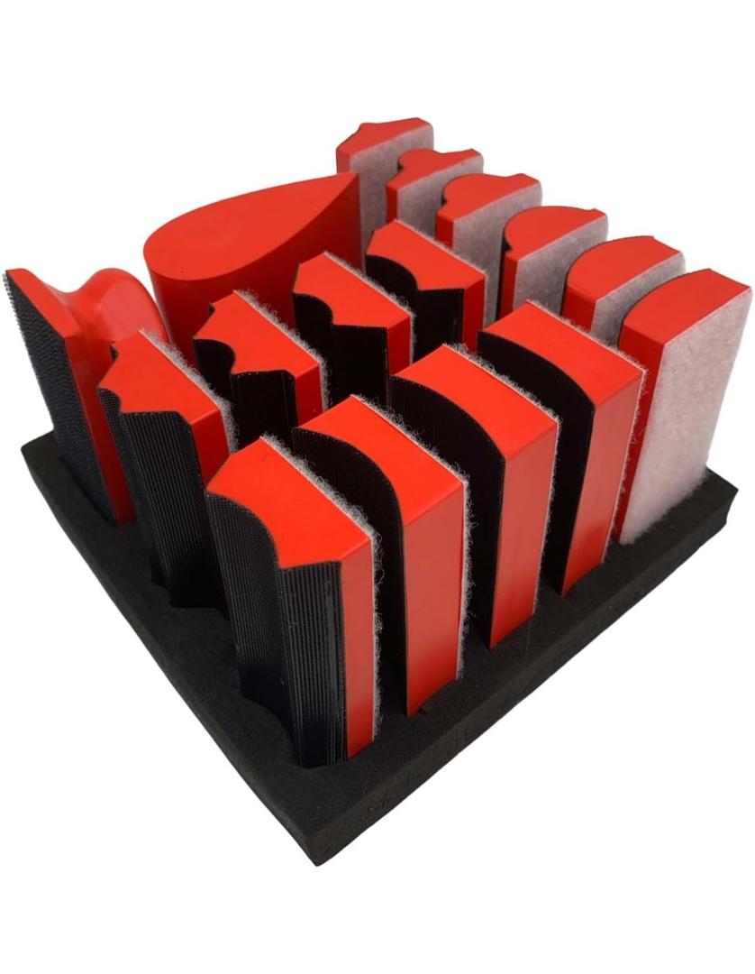 Hand Sanding Block Set of 16,Interchangeable Assorted Contoured Profile Sanding Pad Kit,Hook and Loop Abrasive Sanding Chassis for Sand Wood Furniture, Auto Paint and Crafts,Red