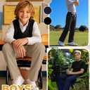Oakgarden 3 Pack Boys' School Uniform Pants Cotton Straight Leg Trousers Casual Drawstring Pants with Pockets (8-9 Years,Light Khaki, Navy Blue, Black)