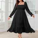 SCOMCHIC Womens Plus Size Fall Dresses Long Sleeve Square Neck Wedding Guest Smocked Flowy Boho Country Western Maxi Dress (Black, XXXL)