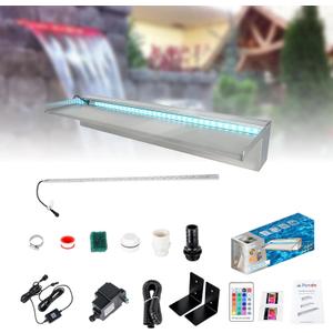 24'' APP 316 Stainless Steel Spillway with 16-Color LED Light Bar, Salt Water Corrosion Resistant Lighted Waterfall Pool Fountain Designed for Seawater Use, Waterfall Spillway for Garden Outdoor