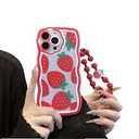 Compatible with iPhone 13 Case, strawberryl Pattern Wavy TPU Soft Case[with Beads Wrist Strap Bracelet Chain and Glitter Cardstock] for Women and Cute Girly-Red