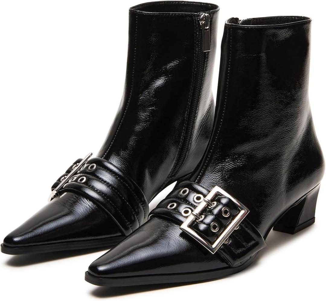 Vaslemuse Women Booties Buckle Ankle Boots Kitten Low Heel Eyelet Booties Sexy Pointy Toe Fashion Dress Short Boots with Zips (Black), Size 6.5