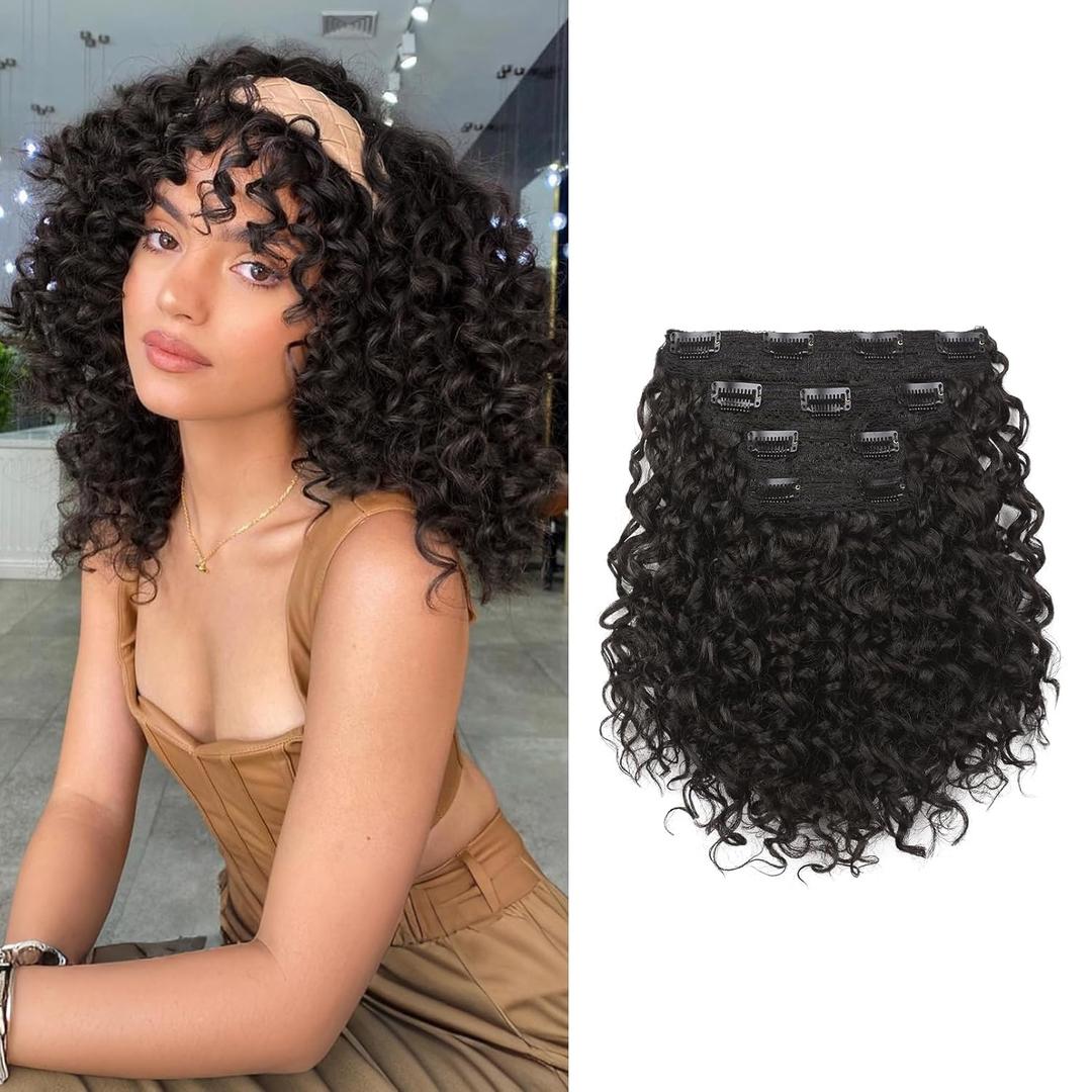 FLUFYMOOZ 4PC Clip in Hair Extensions, 10 Inch 100 Pure Protein Silk Short Hairpiece Deep Curly Wavy Hair Extensions Clip in Natural Soft Hairpiece for Women-Dark Chocolate Brown