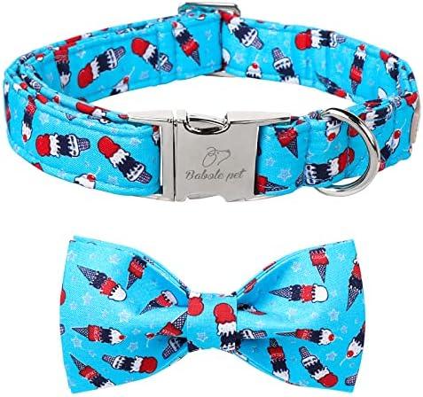 Babole Pet 4th of July Dog Collar with Bow Tie, Summer Icecream Flag Day Dog Bowtie Collars, Blue Adjustable Patriotic Pet Collar for Small Medium Large Dogs XL