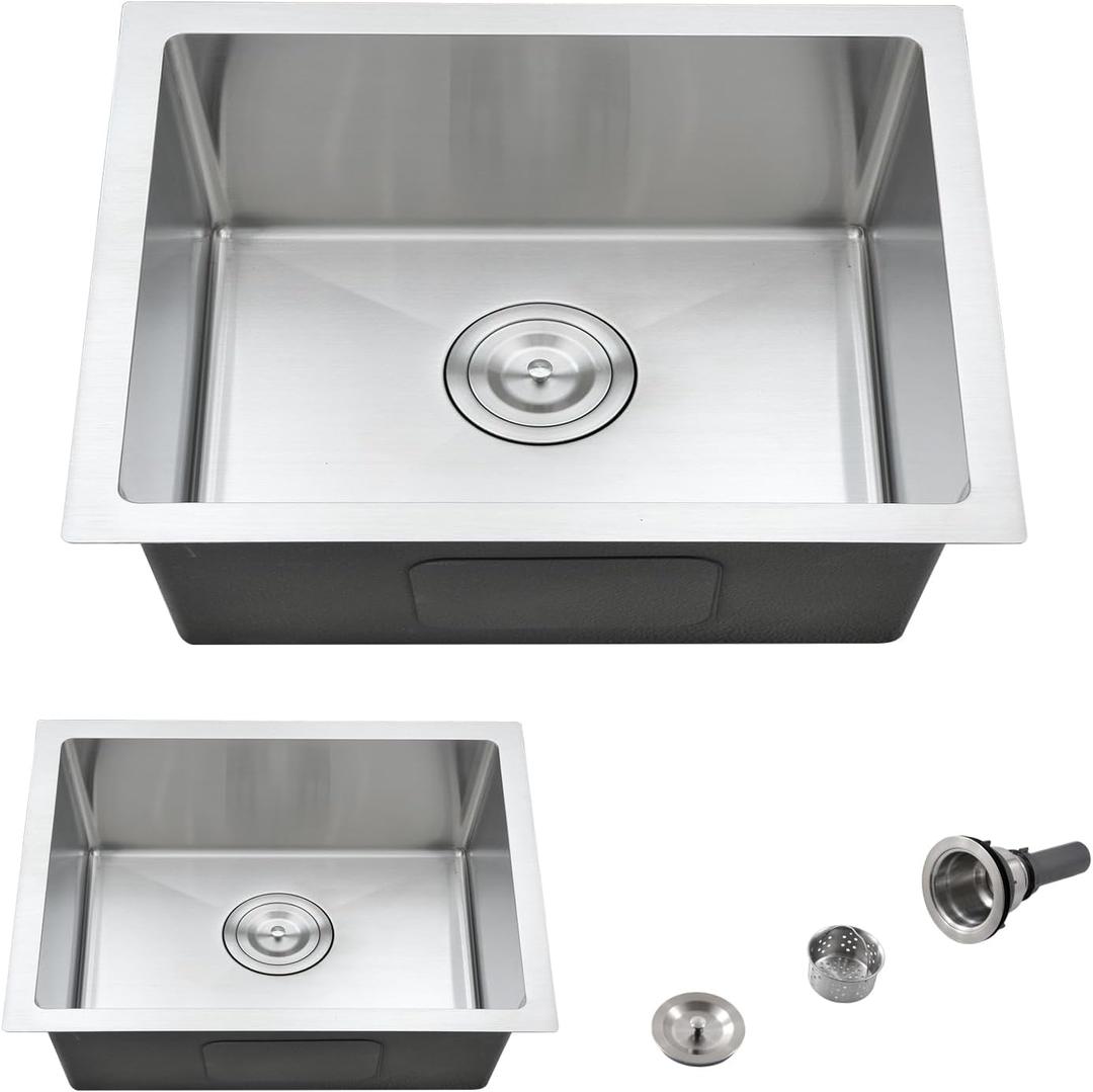 22 Inch Kitchen Sink Undermount, 22x16 Undermount Sink Stainless Steel Utility Laundry Sinks 18 Gauge Handmade 8" Deep Single Bowl Kitchen Sinks with Basket Strainer (Brushed Nickel)