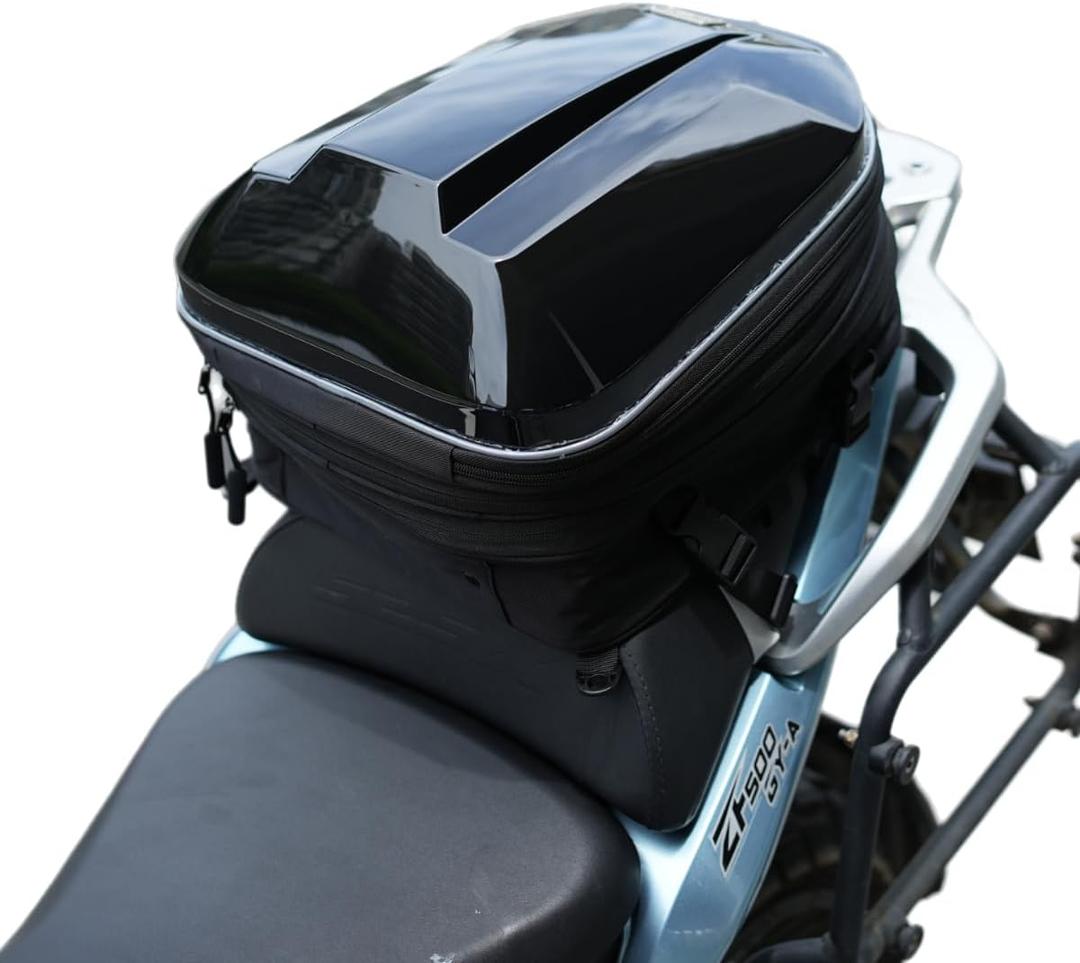 Expandable Hard Shell Motorcycle Tail Bag (30L-50L) with Rain Cover, Durable Saddle Bag for Rear Seat, Large Storage Space and Helmet Backpack Use Avaliable
