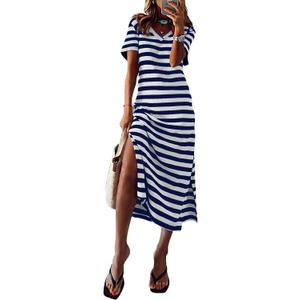 MARZXIN Women 2023 Casual Maxi Dress Short Sleeve V Neck Stripe Sundress Split Loose Long Summer Beach T Shirt Dresses Blue S