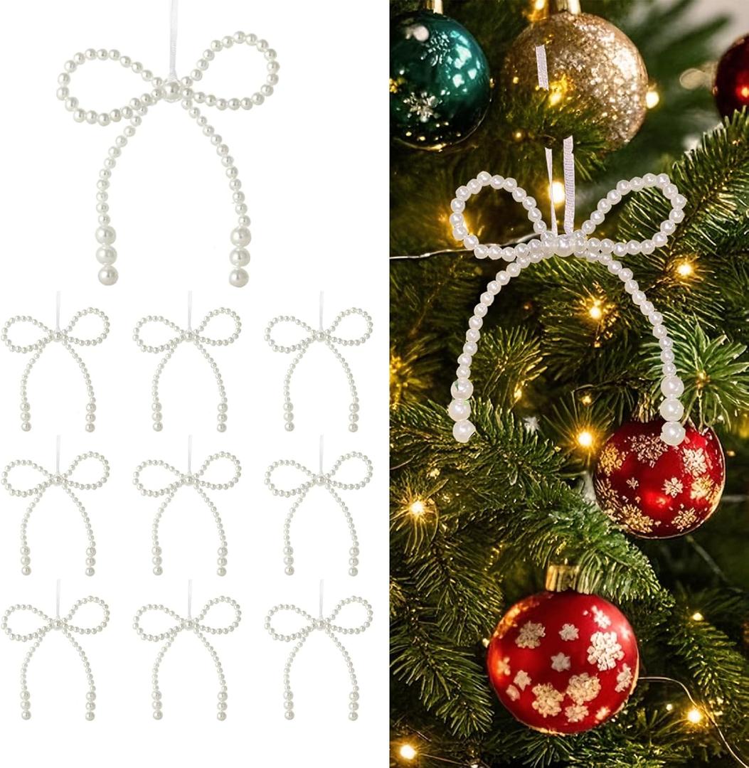 20 PCS Pearl Bows White Christmas Ornaments Decorations Xmas Decor for Christmas Tree Wreath Fireplace Garland Party (White)