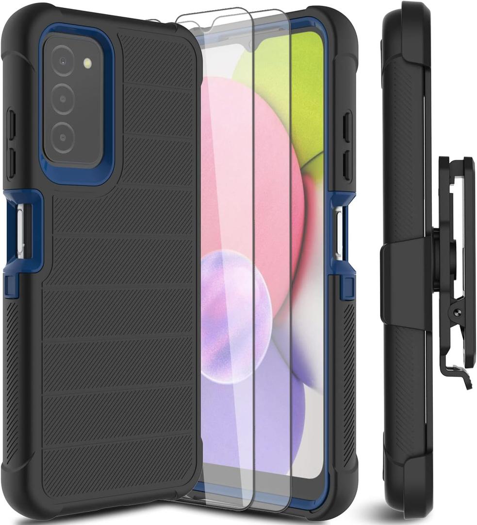 for Samsung Galaxy A03S Phone Case with Tempered Glass Screen Protector, [Holster Series] Belt Clip Hard Tough Full Heavy Duty Rugged Military Shockproof Armor Cell Phone Cover (Black)