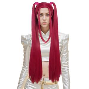 VGbeaty Adult Women Long Straight Pink Wig with 2 Ponytails Cartoon Role Funny Bangs Wig Heat Resistant Synthetic Fiber Soft Durable Breathable Cap for Halloween Costume Fancy Party