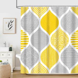 iTapnoom Boho Yellow and Grey Shower Curtain Set, Dark Gray Abstract Geometric Pattern Shower Curtains for Bathroom Decor Accessories, Modern Bohemia Paisley Fabric Bath Curtains with Hooks 72X72