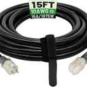 POWGRN 15 Ft 10AWG Black Outdoor Extension Cord Waterproof Heavy Duty 10 Gauge 3 Prong, Flexible Cold-Resistant Power Cord Indoor & Outside with Lighted Indicator End, 15Amp 1875W SJTW ETL Listed