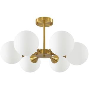 KCO Lighting Brushed Gold Sputnik Flush Mount Ceiling Light Mid Century Modern Overhead Ceiling Light 6-Lights Milk Glass Globe Semi Flush Mount Ceiling Light Fixture