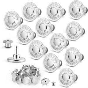 Jean Buttons for Loose Jeans, Button Pins for Jeans to Make Smaller, No Sew Button Replacement, Adjustable and Reusable Waist Tightener (12) (Silver)