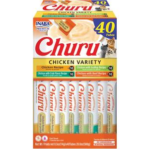 INABA Churu Cat Treats, Grain-Free, Lickable, Squeezable Creamy Pure Cat Treat/Topper with Vitamin E & Taurine, 0.5 Ounces Each Tube, 40 Tubes, Chicken Variety Box