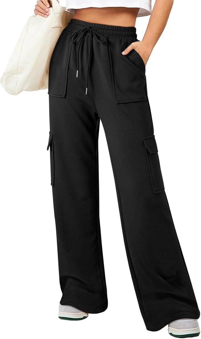 Aleumdr Women's Cargo Sweatpants Fleece High Waisted Wide Leg Pants Athletic Casual Baggy Sweat Pants with Pockets (XX-Large, Black)