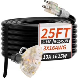 25 FT 16/3 Gauge Outdoor Extension Cord with Multiple Outlets Light Indicator, Flexible 3 Outlet Weatherproof Extension Cord Waterproof Black, 13A 1625W 16AWG SJTW, ETL Listed