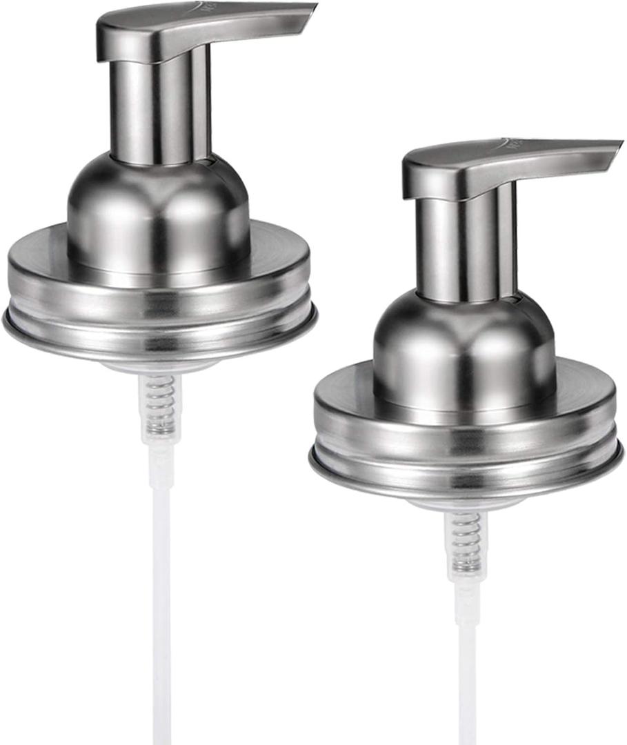 Amolliar Mason Jar Foaming Soap Dispenser Pump Lids, Rustproof Stainless Steel Lid Plastic Pump for Regular Mouth Mason Jar, Kitchen Bathroom Farmhouse Decor, Waterproof Stickers, Brushed Nickel 2Pack