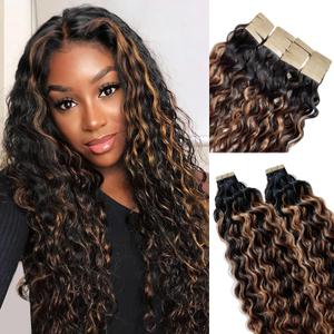 Ombre Water Wave Tape in Human Hair Extensions 20Pcs 14 Inch 50G Highlight Nature Black Fading into Medium Auburn Tape ins Real Human Hair Extensions for Black Women Seamless PU Tapes Double Sided (WW-#1B/30/1B)