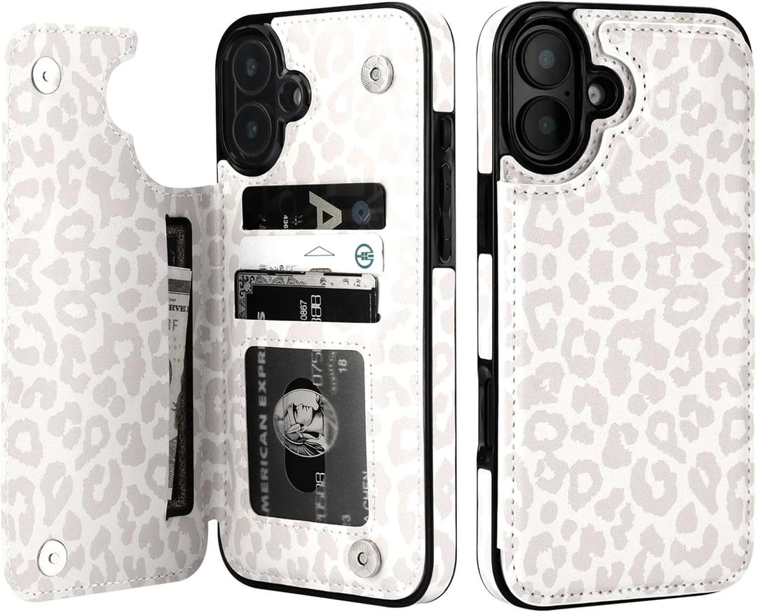 HAOPINSH for iPhone 16 Plus Case Wallet with Card Holder, White Leopard Cheetah Pattern Back Flip Folio PU Leather Kickstand Card Slots Case for Women Girls, Double Magnetic Clasp Shockproof Case 6.7"