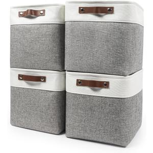 Bagnizer Collapsible Fabric Storage Cubes 11x11 Cube Storage Bins, 4 Pack Closet Baskets Box with Handles for Organizing, Shelf, Toys, Clothes, Home, Office, Nursery (Grey&White)