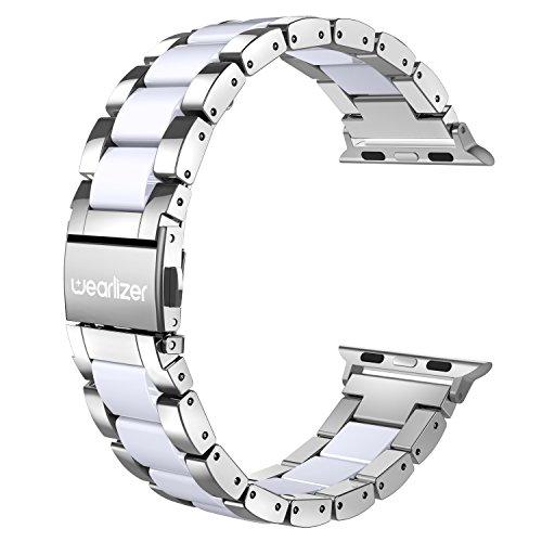 Wearlizer Silver Compatible with Apple Watch Band 38/40/41/42mm, Fashion Womens Men Stainless Steel Strap White Resin Wristband Replacement Metal iWatch Series 11 10 9 8 7 6 5 4 3 SE/Ultra 3 2 1