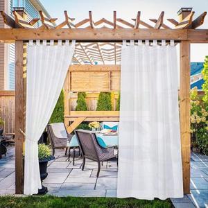 NICETOWN 2 Panels Outdoor Patio Curtains Waterproof, Detachable Sticky Tab Top Indoor Outdoor Sheer Voile Drapes Airy & Elgant Easy Haning for Pergola, W54 x L96, White