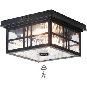 Industrial Motion Sensor Outdoor Flush Mount Ceiling Light, Water Ripple Glass Square Black 2-Light Ceiling Lamp for Porch, Entryway, and Garage, Timer and Sensitivity Adjustable (Single Box)