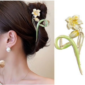 HIFANMM Flower Hair Clips Metal Alloy Hair Accessories for Women Girls, Yellow Lily Hair Claw Clips Pearls Cute Fashion Spring Summer Hairpins Shark Strong Hold Non Slip Large Jaw Clip 2 Pcs