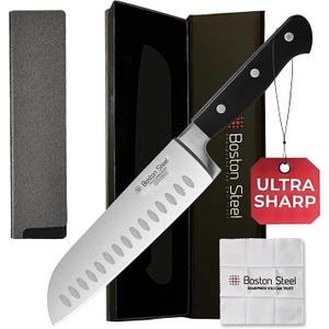 Boston Steel Santoku Knife 7 Inch – Ultra Sharp High Carbon Stainless Steel Kitchen Knife, Professional 7” Santoku Knife with Ergonomic Handle for Home & Restaurant, Culinary Cooking Knife