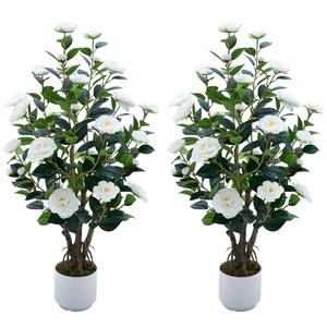 Jcezvnt 2 Pack Artificial Camellia Tree with White Pot, 38" Faux Potted Plants for Indoor Outdoor Decor, Tall Silk Greenery Plant for Home Offce Living Room Balcony, White