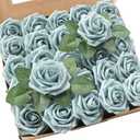 Floroom Artificial Flowers 25pcs Real Looking Dusty Blue Foam Fake Roses with Stems for DIY Wedding Bouquets Bridal Shower Centerpieces Floral Arrangements Party Tables Home Decorations