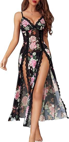 Women Lingerie Lace Babydoll Chemise Nightwear Sexy Mesh Nightdress Side Split Nightgown, M