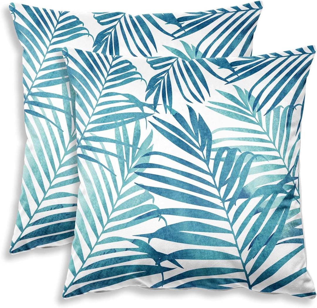 Blue Plant Leaf Decorative Throw Pillow Covers for Couch Bed Sofa Living Room Tropical Plants Leaves Square Cushion Cases Art Home Decor 18x18 inch Set of 2 (Blue)