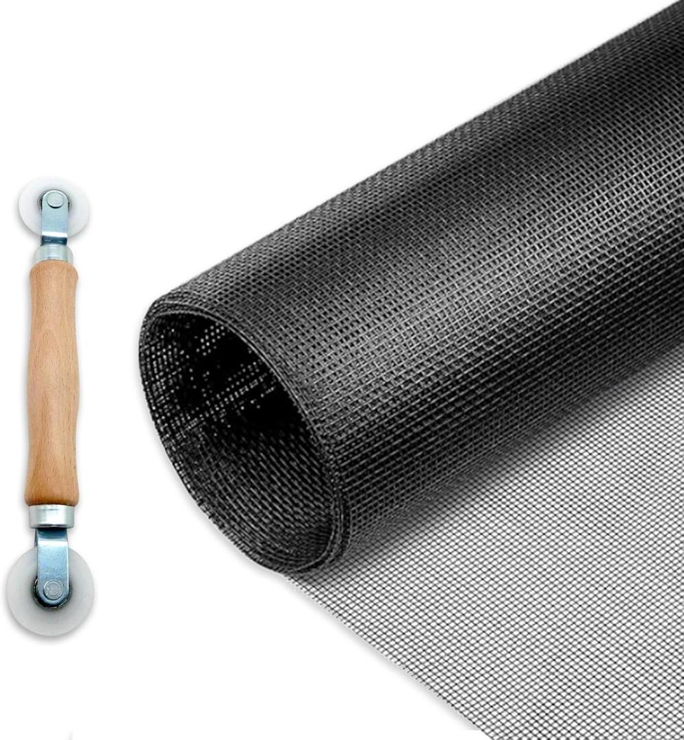 MAISHI Replacement 36" x 86" Fiberglass Screen Mesh with Solid Wood Handle Roller, Black 18x16 Mesh for Standard Screen Doors and Windows, High Visibility & Fresh Airflow, Mesh & Tool Only No Spline