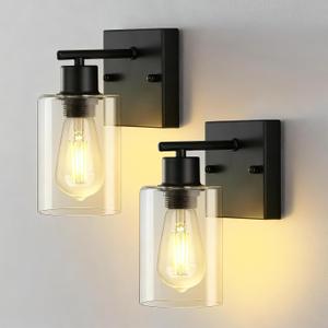 2-Pack Wall Sconces for Bathroom, Matte Black Vanity Lights, Modern Wall Light Fixture with Clear Glass Shade, Farmhouse Wall-Mount Lighting Lanterns, Wall Lamps for Mirror Living Room Bedroom Hallway
