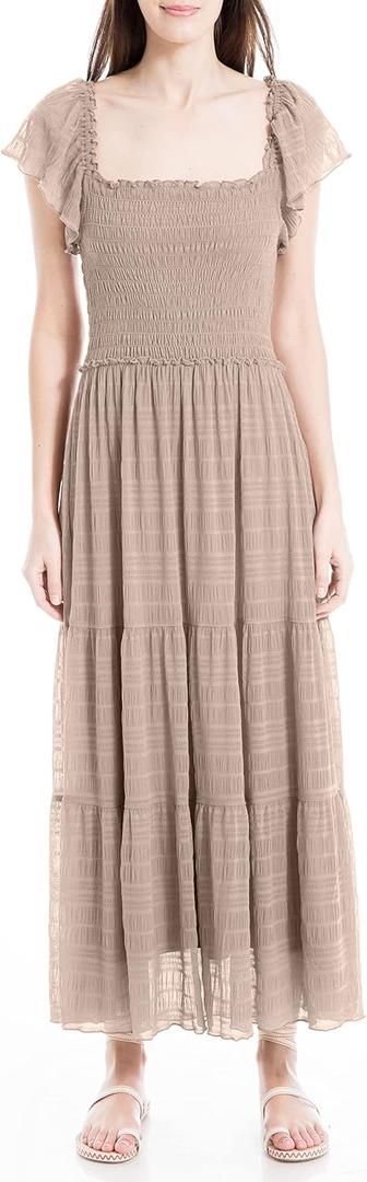 Max Studio Women's Flutter Sleeve Smocked Midi Dress (Large, Mocha)