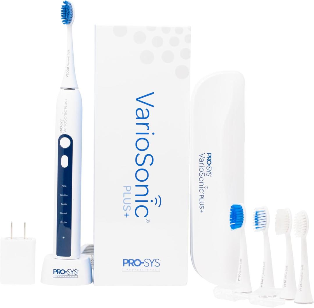 PRO-SYS VarioSonic Plus+ Professional Electric Toothbrush Full Kit, Rechargeable Powered Toothbrush with Travel Case, 5 Brush Heads, 5 Modes, Extra Long Battery, Pressure Sensor and Timer (White)