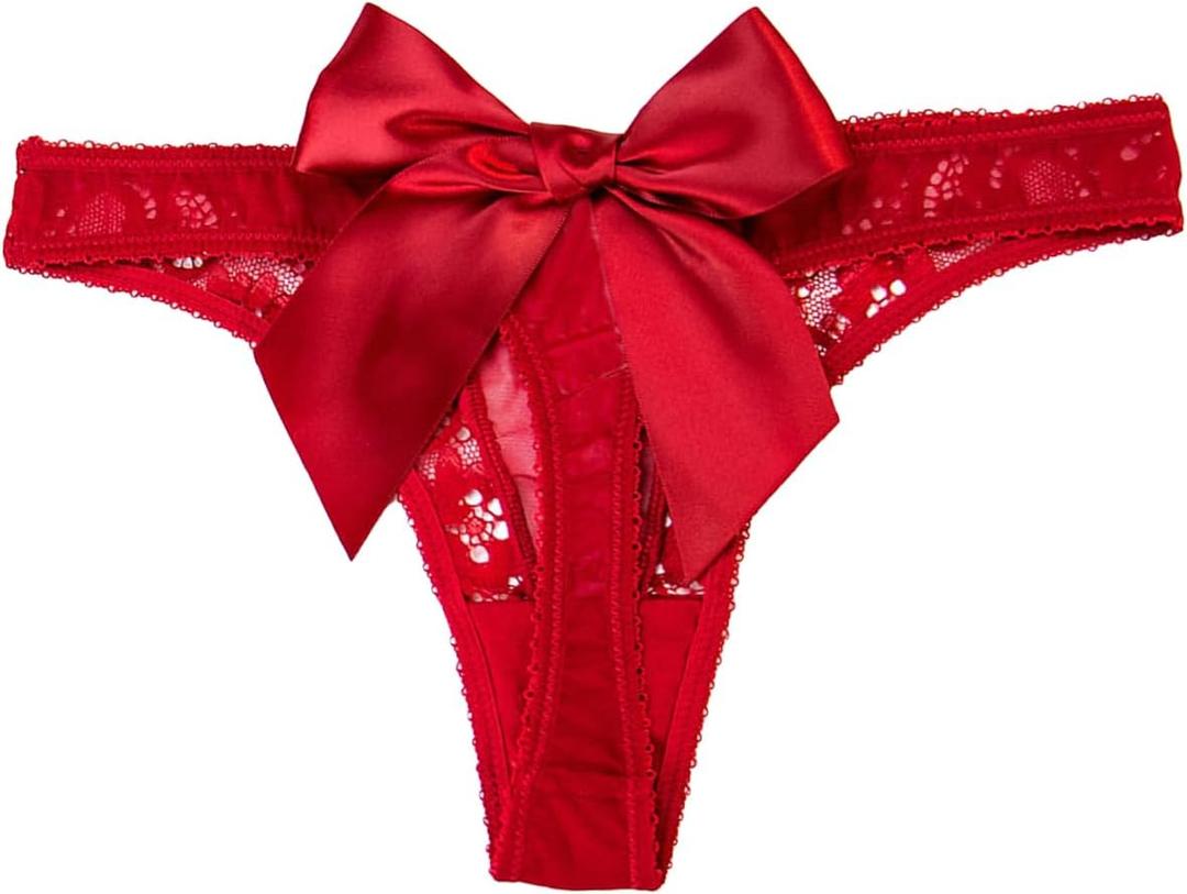 OYOANGLE Women's Bow Sheer G-Strings Low Rise Thong Panties Underwear, Large