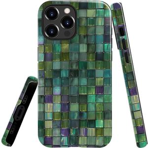 Case for iPhone 14 Pro,Green Mosaic Glass Retro Style Phone Case Slim Silicone Shockproof Cover for Girls WomenGlossy & Durable