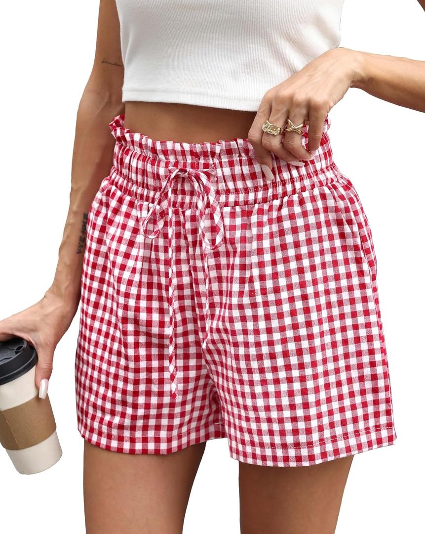 Womens Ruffle Waist Gingham Plaid Shorts Pajama Cotton Boxer 2026 (Red, S)