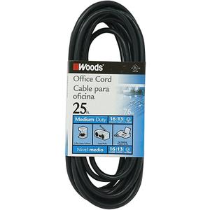 Woods Light Duty Extension Cord - Indoor Power Solution for Office & Household Use - SJTW Extension Cord - 16 Gauge - 3 Conductor - 25 Feet - Black