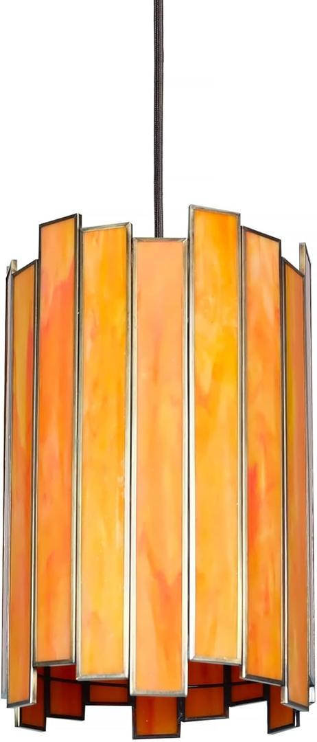 Tiffany Pendant Lighting, 7" Brass Cylindrical Hanging Lamp with Stained Glass for Foyer, Entryway, Bedroom, Dining Room, Stairwell (Tangerine)