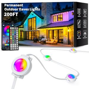 YIBULAYIN 200FT Permanent Outdoor Lights Waterproof, Smart RGB Eaves Lights with App/Remote Control, DIY Scene Modes, LED Outdoor Lighting for Christmas Holidays Daily Party House Roof Lighting