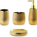 Gold Bathroom Accessory Set 4 Piece Ceramic Bath Accessories Sets Complete, Rain- Drop Shaped Bathroom Essential with Toothbrush Holder & Dish, Tumbler, Soap Dispenser Set for Bath Decor