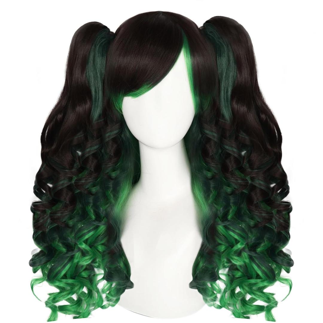 ANOGOL Hair Cap+Dark Green Lolita Wig for Women Green Mixed with Black Cosplay Wig with Ponytails Long Curly Wigs with Bangs Dark Greenish Black Ponytails Wigs Anime Outfit for Halloween Party ANOGOL Hair Cap+Dark Green Lolita Wig for Women Green Mixed with Black Cosplay Wig with Ponytails Long Curly Wigs with Bangs Dark Greenish Black Ponytails Wigs Anime Outfit for Halloween Party